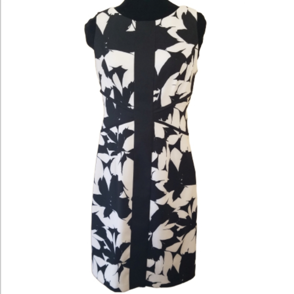 London Times Dress Black And White Abstract Leaf Print. Sz 8